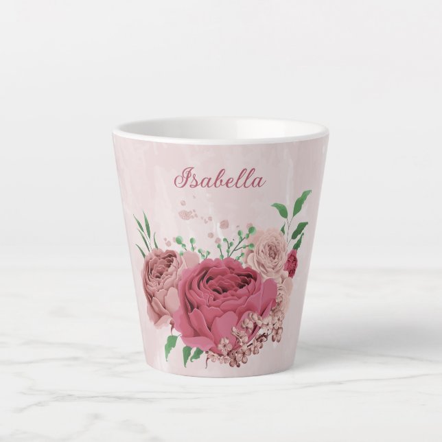 Rosa Blume, grüne Blätter Milchtasse (Vorderseite)