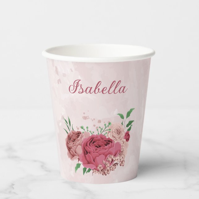 Rosa Blume, grüne Blätter Pappbecher (Vorderseite)