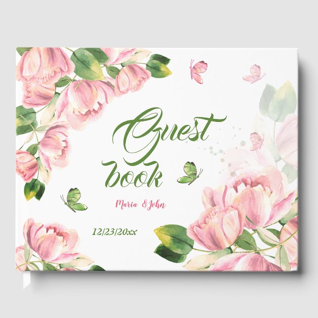 Rosa Blume Grüne Blätter Schmetterlinge Gästebuch (Vorderseite)