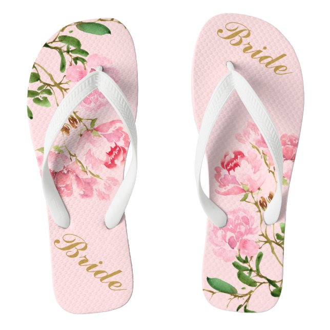 Rosa Blume Grüne Blätter Wasserfarbe Goldene Braun Flip Flops (Fußbett)