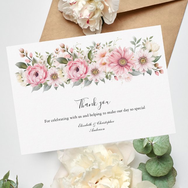 Rosa Blume Grüne Eukalyptus Wedding Dankeskarte (Pink White watercolor Floral Flower border wedding thank you card)