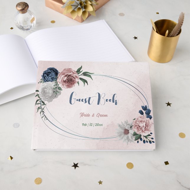 Rosa Blume Grüne Hochzeit Gästebuch (Vorderseite Offen)