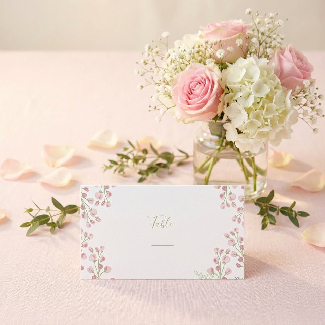 Rosa Blume, grüne Script-Tischnummer Platzkarte (Pink flowers, green script table number place card.)