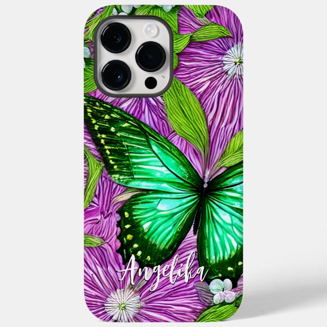 Rosa Blume Grüner Schmetterling | Personalisierter Case-Mate iPhone Hülle (Rückseite)