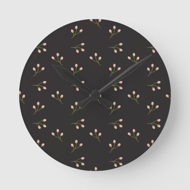 Rosa Blume Grüner Stechschwarzer Blütenfrühling Runde Wanduhr (Vorderseite)