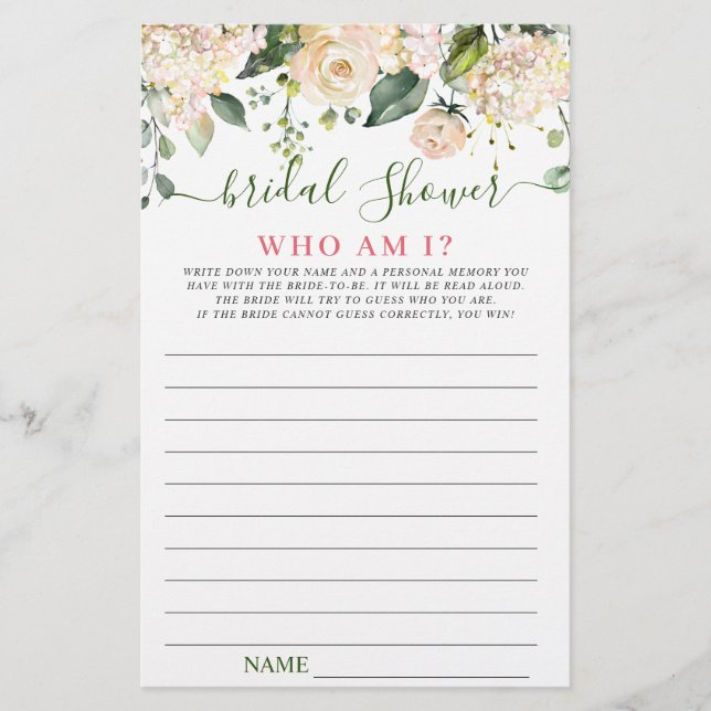 Rosa Blume Grünes Brautparty Spiel (Vorderseite)