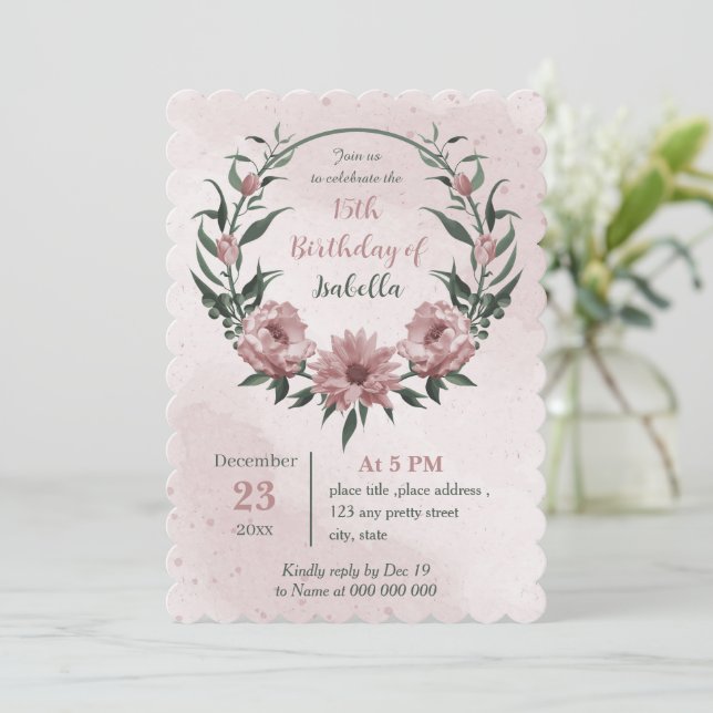 Rosa Blume Grünkranz Geburtstag Einladung (Stehend Vorderseite)