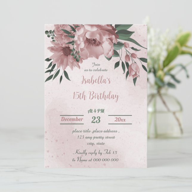 Rosa Blume Grünpflanzen botanischer Geburtstag Einladung (Stehend Vorderseite)