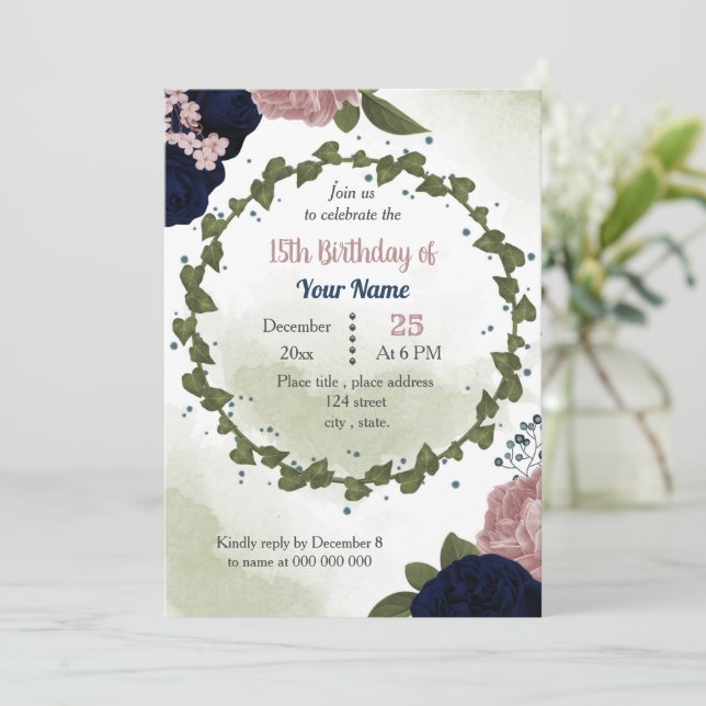 Rosa Blume Grünpflanzen Geburtstagsparty Einladung (Stehend Vorderseite)