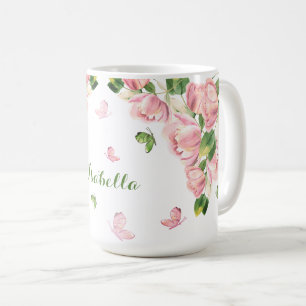 Rosa Blume Grünschmetterlinge Kaffeetasse
