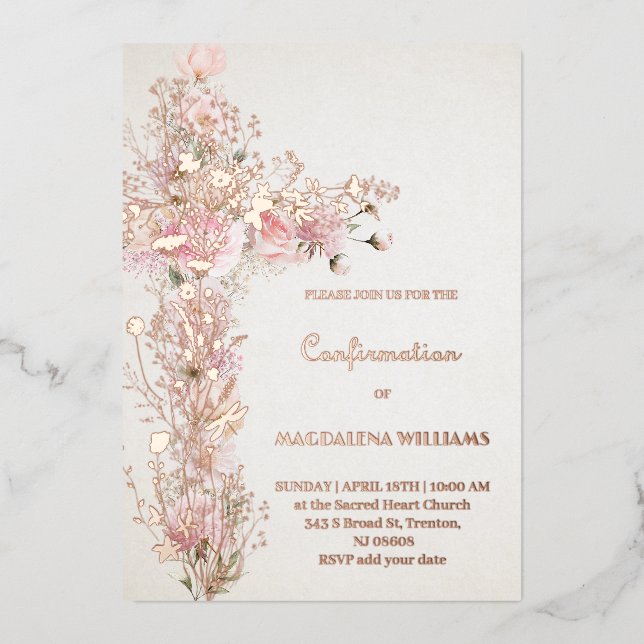 Rosa Blume Heilige Kreuzbestätigung Folieneinladung (Vorderseite)