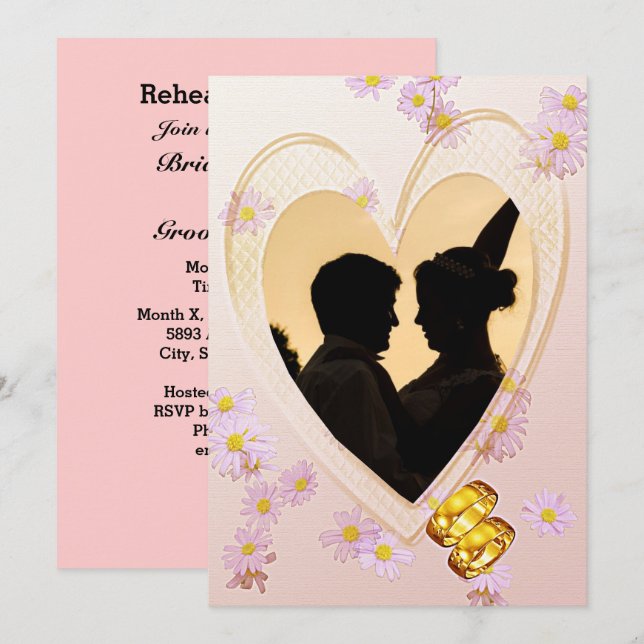 Rosa Blume, Herz, Foto, Rings Probe Abendessen Einladung (Vorne/Hinten)