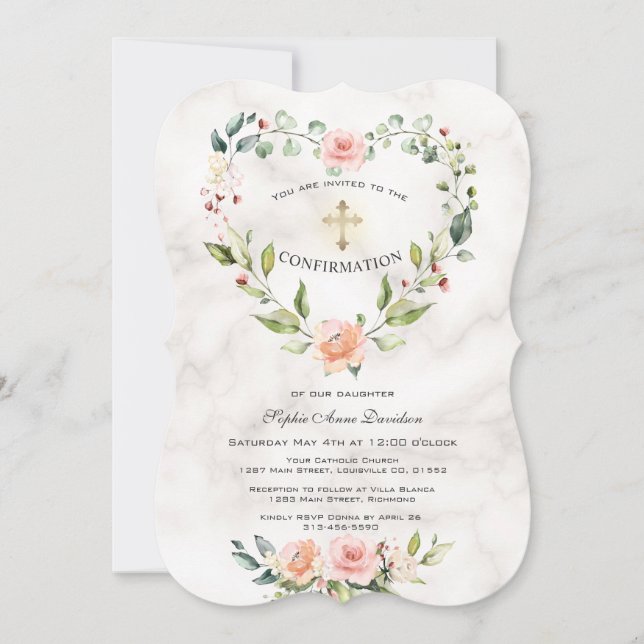 Rosa Blume Herz-Rahmen-Girl-Bestätigung Einladung (Vorderseite)