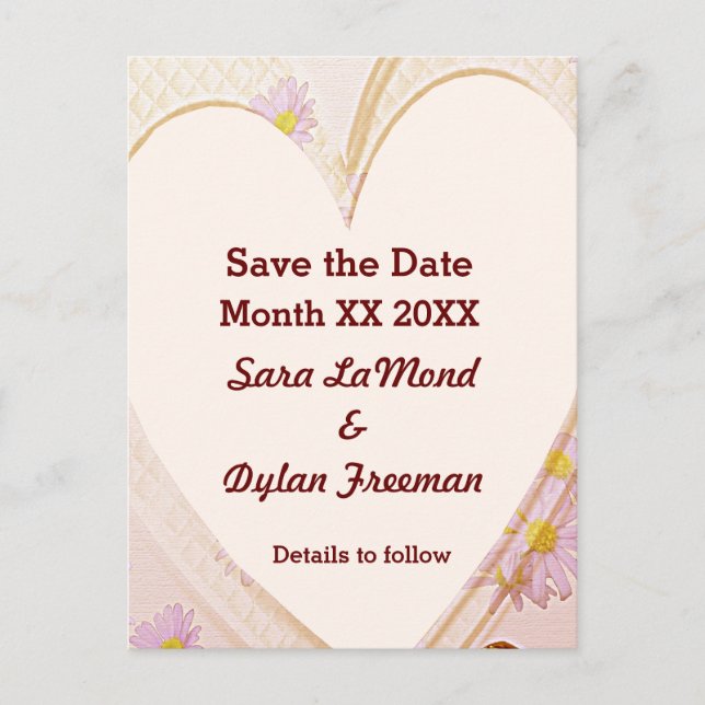 Rosa Blume, Herz, Ringe, Save the Date Postkarte (Vorderseite)