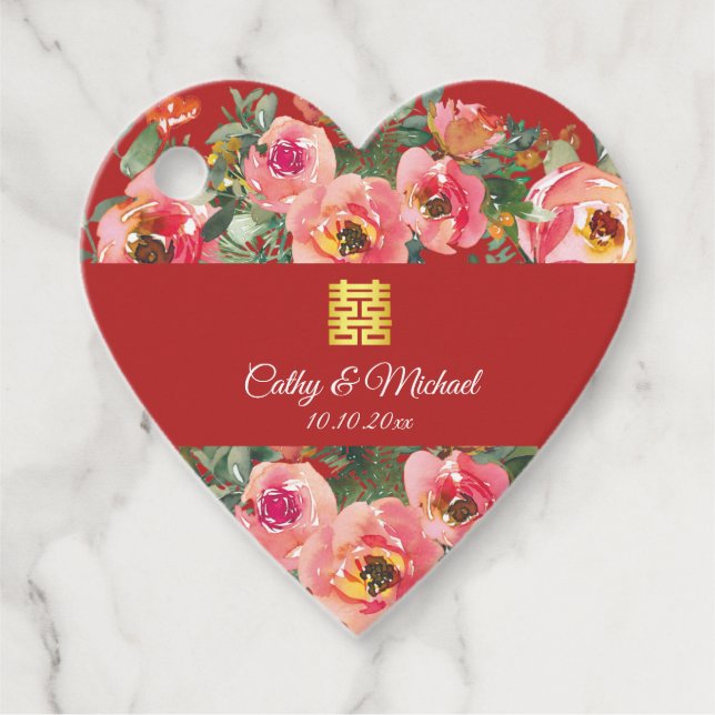 Rosa Blume im Hintergrund Doppelglückssymbol Geschenkanhänger (Vorderseite)