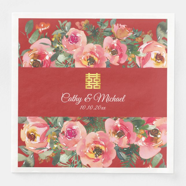 Rosa Blume im Hintergrund Doppelglückssymbol Serviette (Vorderseite)