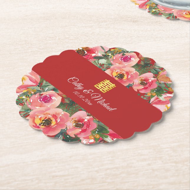 Rosa Blume im Hintergrund Doppelglückssymbol Untersetzer (angewinkelt)