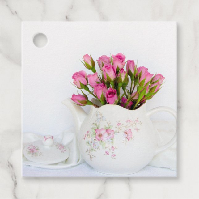 Rosa Blume im Teekessel Hochzeit Geschenkanhänger (Vorderseite)