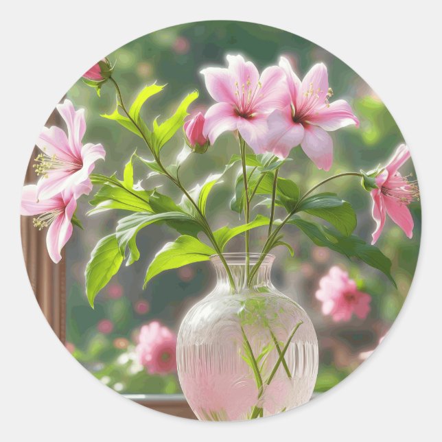 Rosa Blume im Vase Runder Aufkleber (Vorderseite)