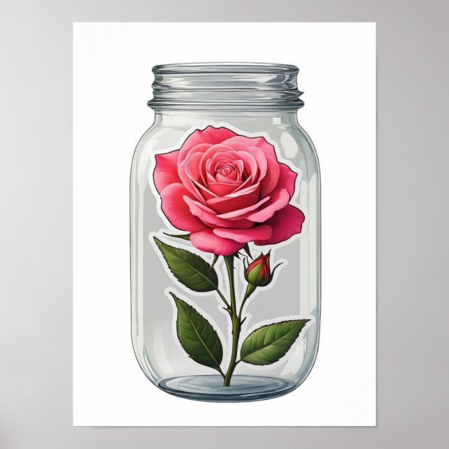 Rosa Blume in einer Glasflasche Poster (Vorne)