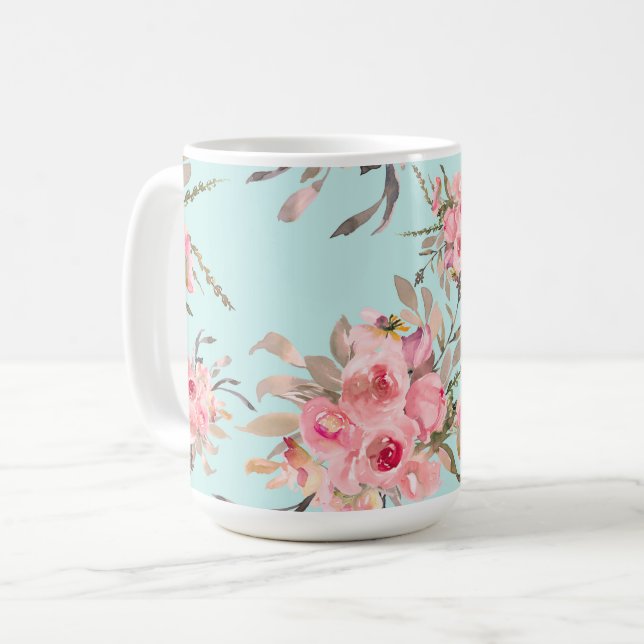 Rosa Blume in hellblau Kaffeetasse (Vorderseite Links)