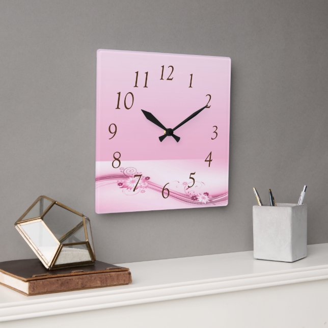 Rosa Blume in Waves Quadratische Wanduhr (Büro)