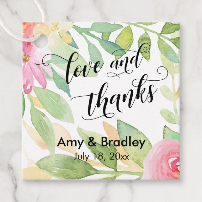 Rosa Blume & Kalligraphie Liebe und Dank Hochzeit Geschenkanhänger (Vorderseite)