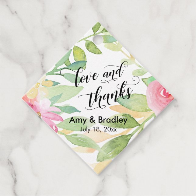 Rosa Blume & Kalligraphie Liebe und Dank Hochzeit Geschenkanhänger (Vorderseite)