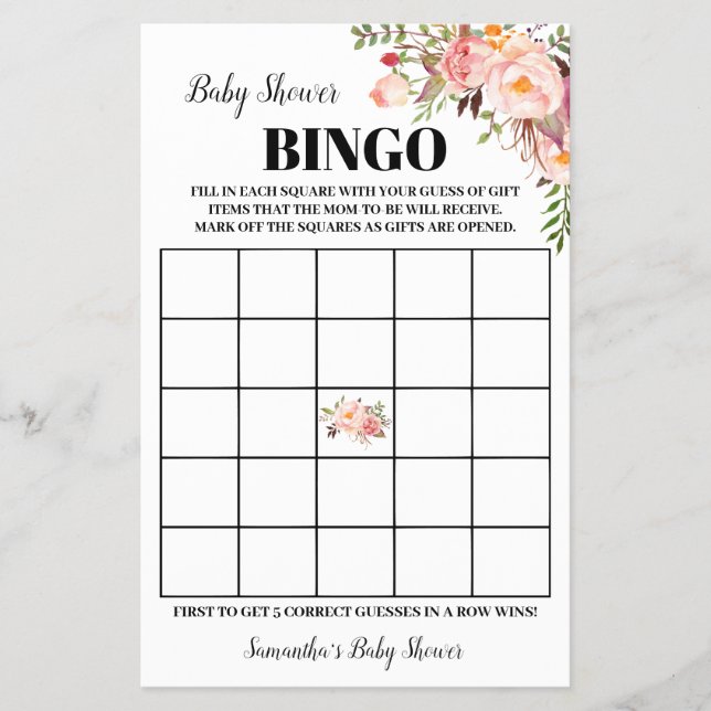 Rosa Blume Kinderdusche Bingo Game Card Flyer (Vorne)