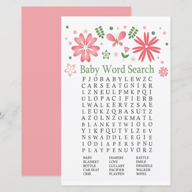 Rosa Blume Kinderdusche Word Search Game (Vorne/Hinten)
