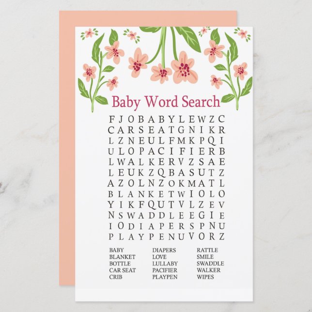 Rosa Blume Kinderdusche Word Search Game (Vorne/Hinten)