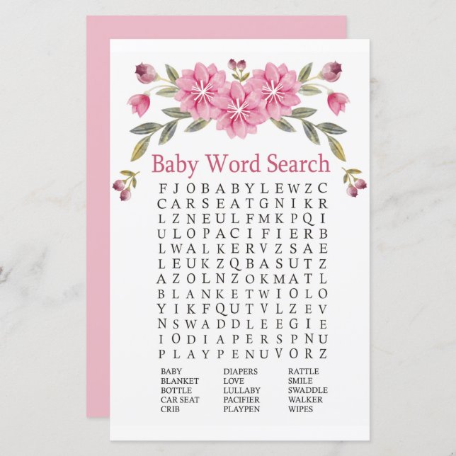 Rosa Blume Kinderdusche Word Search Game (Vorne/Hinten)