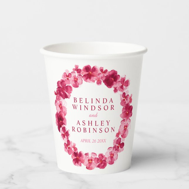 Rosa Blume Kranz Aquarell Hochzeit Pappbecher (Vorderseite)