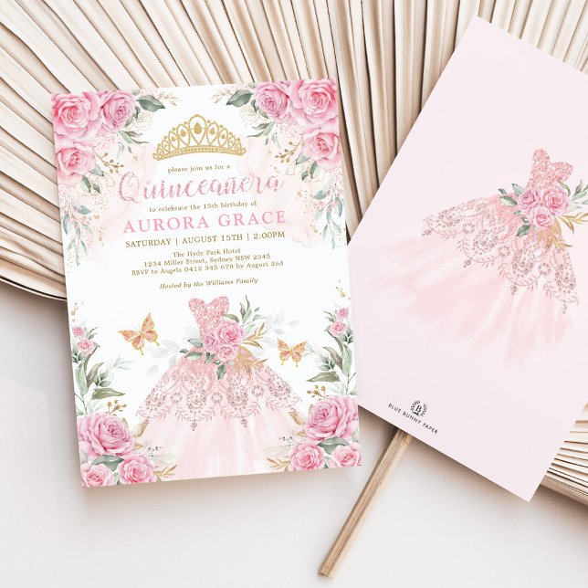 Rosa Blume Kronprinzessin Kleid Quinceañera Einladung (Von Creator hochgeladen)