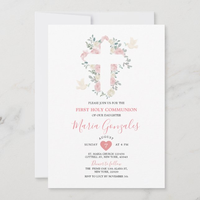 Rosa Blume Mädchen Erste Heilige Kommune Einladung (Vorderseite)