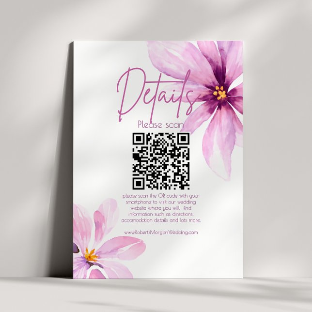 Rosa Blume Minimalistischer QR CODE Hochzeitdetail Begleitkarte (Von Creator hochgeladen)