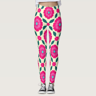 Rosa Blume mit blauen Zentren und grünen Blätter Leggings