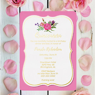 Rosa Blume mit Foil Quinceañera Foil Folieneinladung