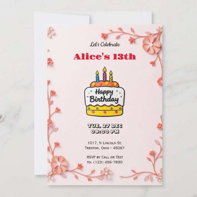 Rosa Blume mit Geburtstagskuchen Einladung (Vorderseite)