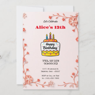 Rosa Blume mit Geburtstagskuchen Einladung