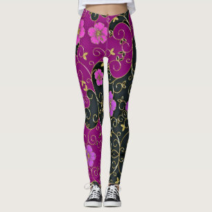 Rosa Blume mit goldenen Blätter und Wirbel Leggings