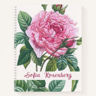 Rosa Blume mit grünem Blätter Monogramm Notizbuch