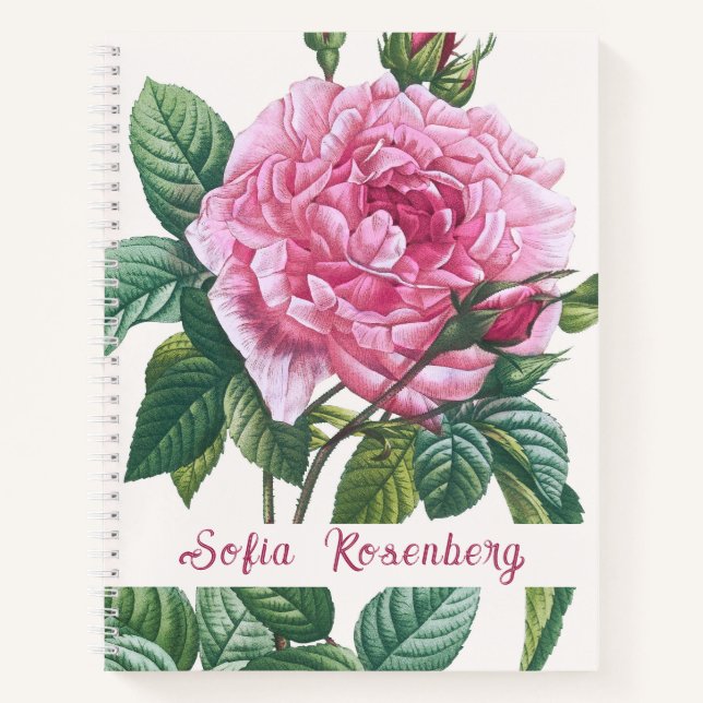 Rosa Blume mit grünem Blätter Monogramm Notizbuch (Vorderseite)