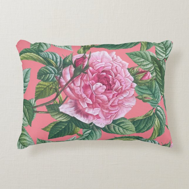 Rosa Blume mit grünen Blätter Dekokissen (Vorderseite)
