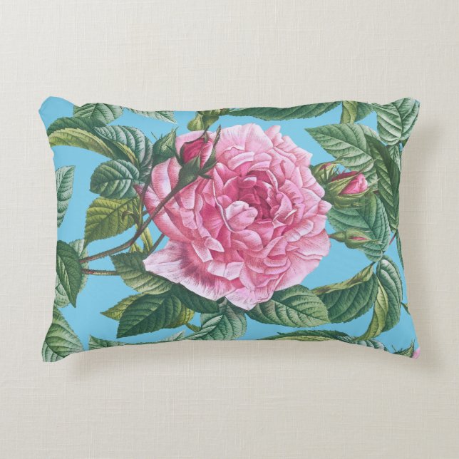 Rosa Blume mit grünen Blätter Dekokissen (Vorderseite)