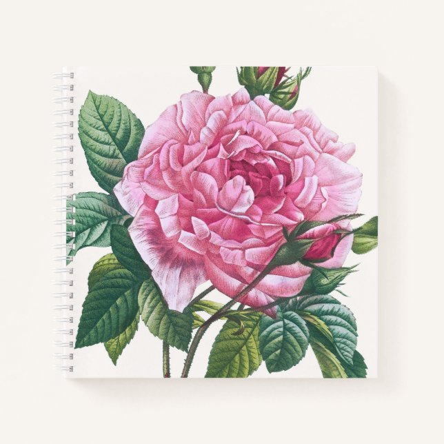 Rosa Blume mit grünen Blätter Notizbuch (Vorderseite)