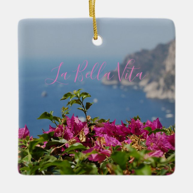 Rosa Blume mit Meerblick auf Capri, Italien Keramikornament (Vorderseite)