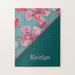 Rosa Blume Mit Monogramm Grün Ombre Gradient Puzzle