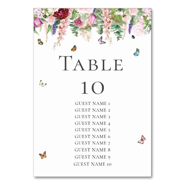 Rosa Blume mit Schmetterlingen & Gästebamen Tischnummer (Vorderseite)