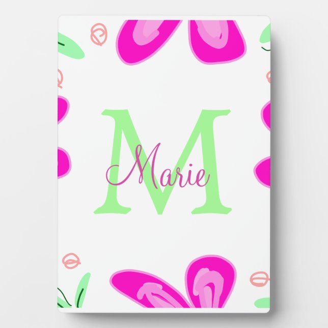 Rosa Blume Monogramm mit dem Buchstaben Grün Fotoplatte (Vorderseite)